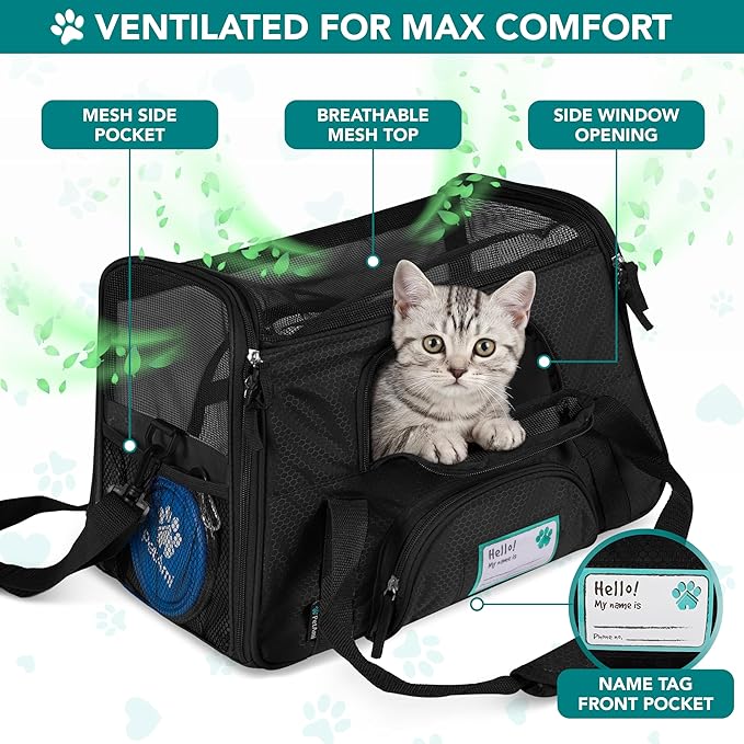 PetAmi Airline Approved Pet Carrier for Cats & Small Dogs, Large, Black | Soft Sided TSA Travel Bag, Sherpa Bed, Breathable Mesh Ventilation, Collapsible Bowl, Fits Under Seat, Up to 18 lbs