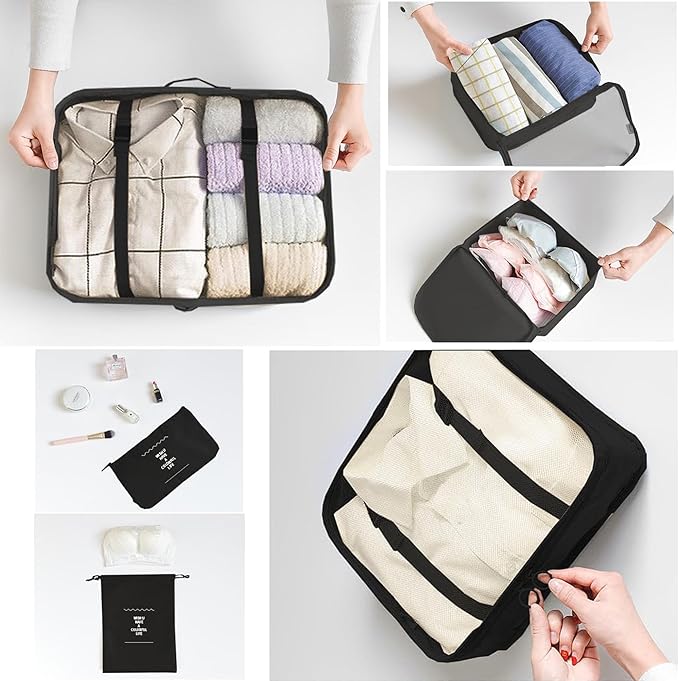 LANSKLBD 6/8 Set Packing Cubes for Suitcases Travel Luggage Packing Organizers,Travel Accessories Essentials Luggage Organizer with Shoe/Tioletry/Laundry Bag (Black, 6 set)