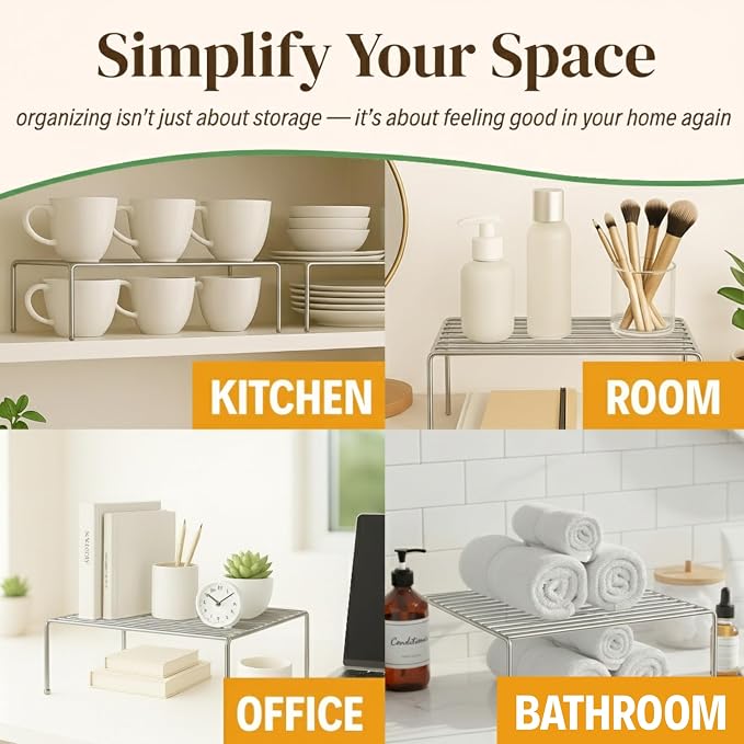 Evelots Wire Shelf Organizer Set, Large Metal Cabinet Risers, 4-Pack Chrome | Four large rustproof metal shelf organizers create extra storage space in kitchen cabinets, pantries, freezers and bathrooms.