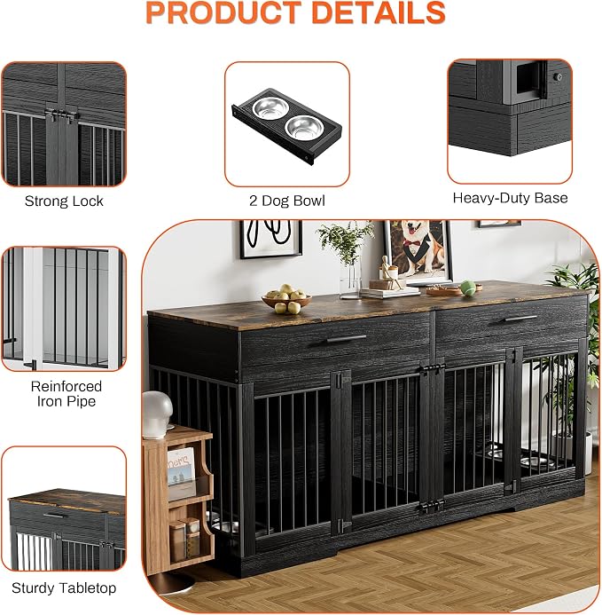 Rophefx 72" Double Dog Crate Furniture with Drawers and Divider, Black | Wooden dog kennel for 2 medium dogs with 2 drawers, removable divider, 4 bowls and TV stand top