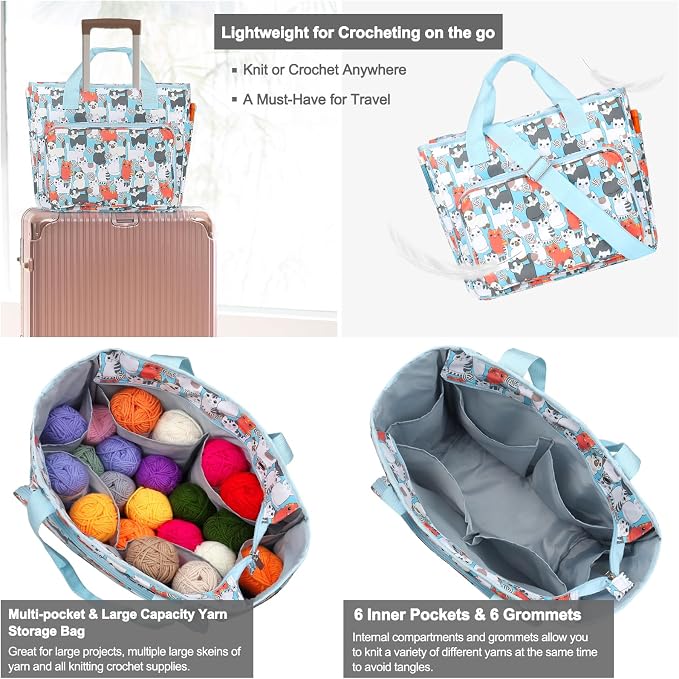 Katech Yarn Storage Bag-Large Capacity Crochet Bag Organizer for Crocheter | Multipocket Portable Crochet Bag Yarn Storage Organizers for Crocheting Project, Knitting Needles, Crochet Hooks and Yarn