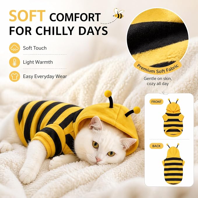 Cute Cat Bee Costume - Pet Halloween Apparel Bumble Bee Cosplay Clothes Antennae, Soft Warm Fleece Hoodie for Cats, Kittens, and Small Dogs, Perfect for Festival Party and Photo Shoot S/M
