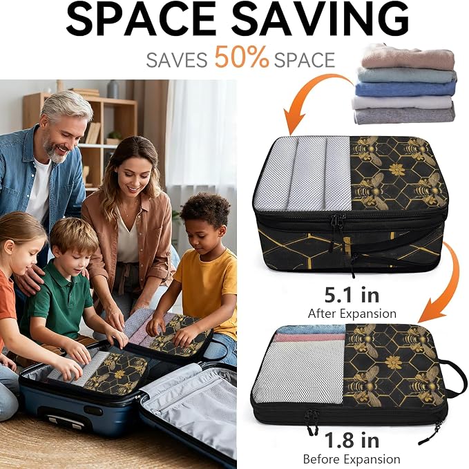 TropicalLife Vintage Bee Honeycomb 6 Set Compression Packing Cubes | Golden Flower Travel Accessories Expandable Packing Organizers Space Saver Bags for Organizing Clothes