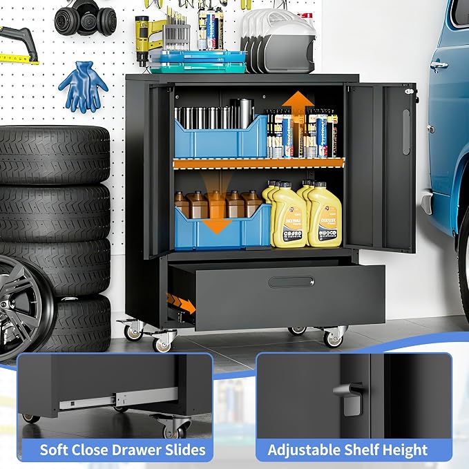 Metal Storage Cabinet for Garage, Tool Cabinet, Utility Cabinet | Wheeled, Rolling Tool Cabinet, Lockable, 2 Doors,1 Drawer, Assembly Required, Black