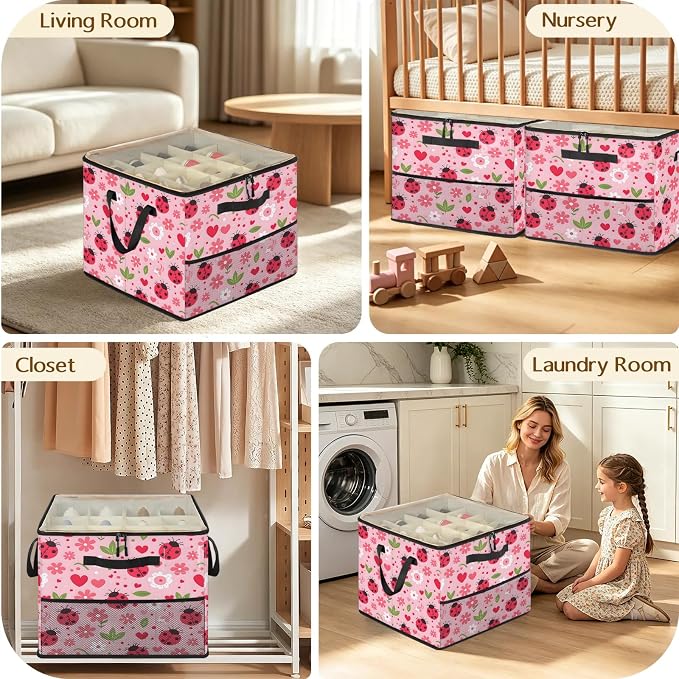 TropicalLife Floral Ladybugs Shoe Organizer for Closet | Foldable Shoe Storage Box Bin 16-32 Pair Shoe Storage for Sneakers, Boots & Heels with Adjustable Dividers, Clear Cover