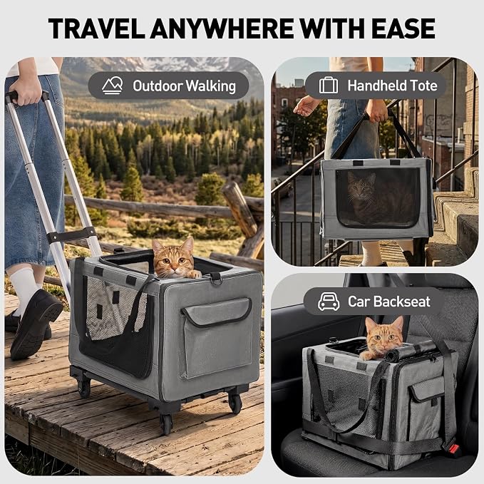 Rolling Cat Carrier with Wheels, 16.5 x 13 x 11.8 in, Light Gray | Expandable, foldable soft-sided carrier with detachable wheels and telescopic handle for cats and small dogs