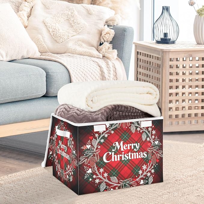 senya Christmas Storage Baskets Christmas Monogram Wreath Tartan Plaid | Collapsible Storage Bins with Lids Boxes Clothes Baskets for Organizing