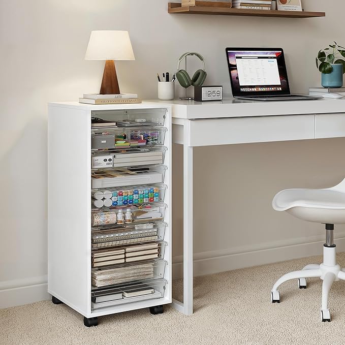 Storage Drawer Cart, Mobile Storage Cabinet, Makeup Storage with 10 Large Clear Drawers, Utility Wooden Rolling Cart on Wheels, for Cosmetic, Art Craft, Office Supplies, Toy, White