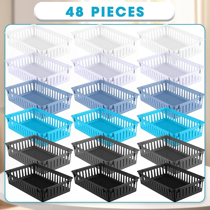 Boao 48 Pieces Plastic Baskets for Organizing 10.24 x 6.5 x 2.36 Inch Rectangular Storage Trays Plastic Organizer Bins Rectangle for Classroom Organization(Mixed Colors)