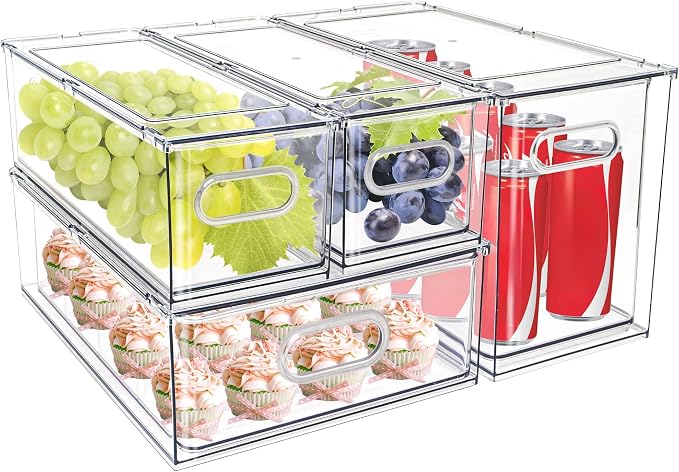 4 pack Stackable Fridge Drawers Pull-Out Bins Divided Produce Saver Containers for Refrigerator Storage Organizers for Veggie Fruit Berry Pantry Cabinet Makeup Clothes