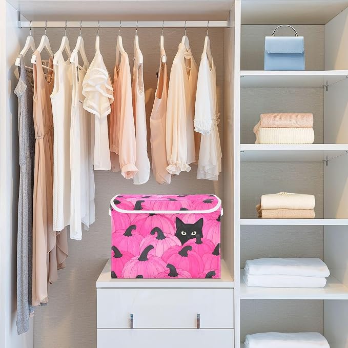 Fabric Storage Bins with Lid Pink Pumpkin Closet Storage Basket 40L | Decorative Storage Boxes, 300D Oxford Cloth, Hollow Board Frame, Flip Top Velcro Lid, 16.5x12.6x11.8 inch, Collapsible Design