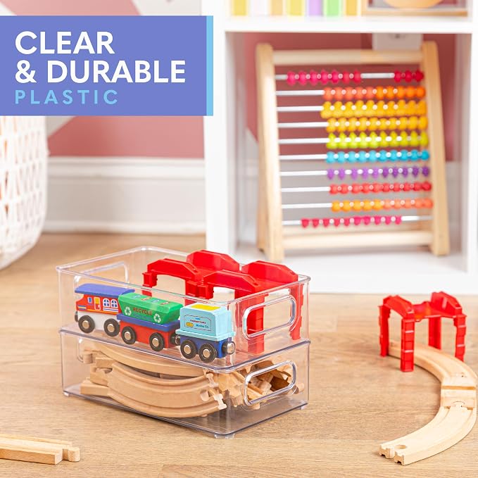 primebox - Clear Plastic Organizing Containers, 4 Pack - Stackable Storage Bins with Handles, 10"x6"x3"
