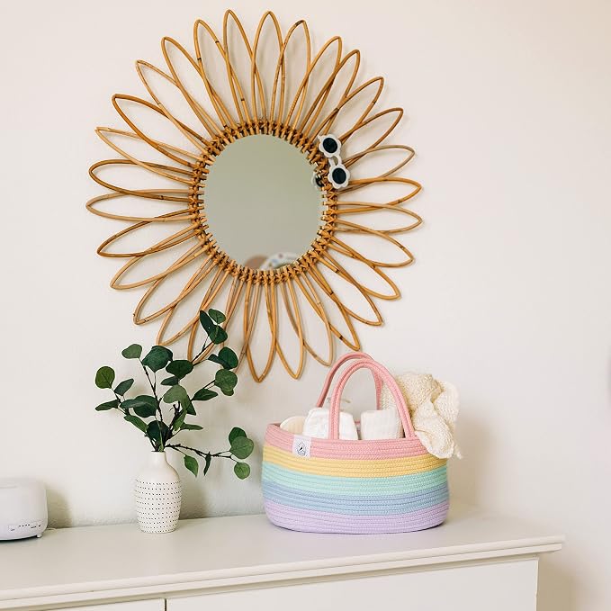 OrganiHaus Pastel Rainbow Rope Diaper Caddy Organizer, Nursery Basket | Woven handles; a toy bin, laundry bin, or newborn essentials storage; great for car, baby shower gifts, or bedroom decor