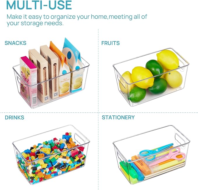 Vtopmart 6 Pack Clear Storage Bins, Pantry Storage Bins with Handle, Small | Plastic Pantry Organizer Containers for Kitchen, Refrigerator, Fridge, Cabinet, Countertops, Home Organization and Storage