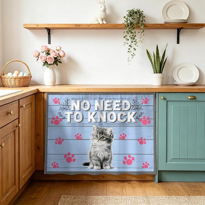 NO Need to Knock Oven Skirt Curtain for Kitchen Decor 28"x35", Cat Pet Paw Prints Pet Lover Farmhouse Self Adhesive Stove Curtains Skirt Cabinet Curtains for Bathroom Laundry Room
