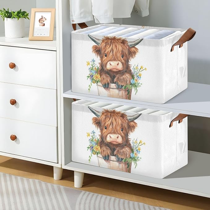 Cute Highland Cow in Flower Pot Storage Bins for Shelves with Labels&Handles Fabric Organizer Bin Foldable Rectangle Storage Basket Boxes for Closet, Bathroom, Home, Living Room