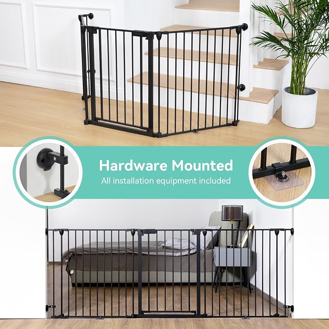 COMOMY 80" Extra Wide Baby Gate, Dog Gate for House Stairs Doorways | Auto Close Pet Gate with Door Walk Through, 5 Metal Panels, Hardware Mounted Baby Fence Indoor Outdoor(30" Tall,Black)