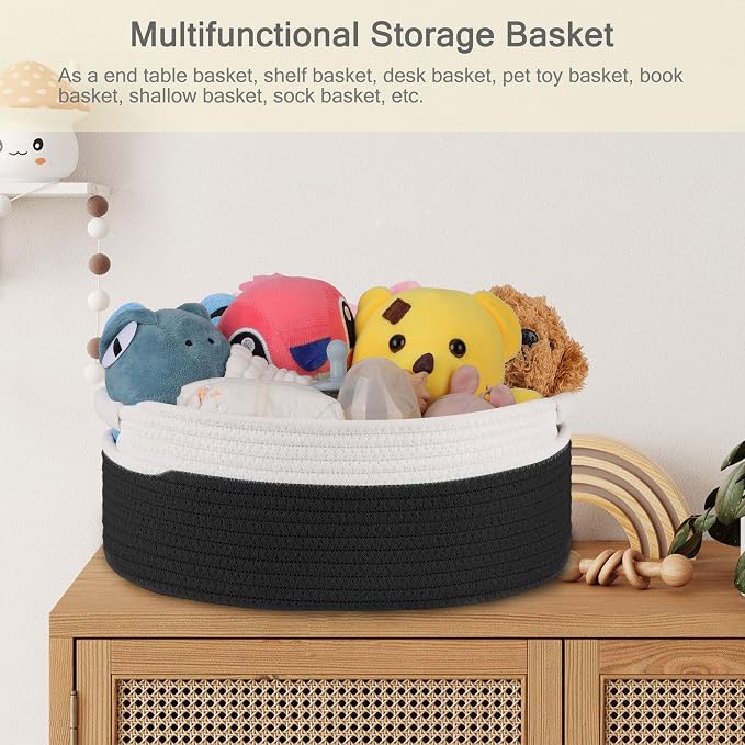 Small Woven Gift Basket with Bag & Ribbons, Black | Cotton Rope, 13”x 9”x 5.5”, Fits for Kids, Women & Men, Bedroom, Living Room, Nursery & Bathroom Storage, Cat & Dog Toy Boxes
