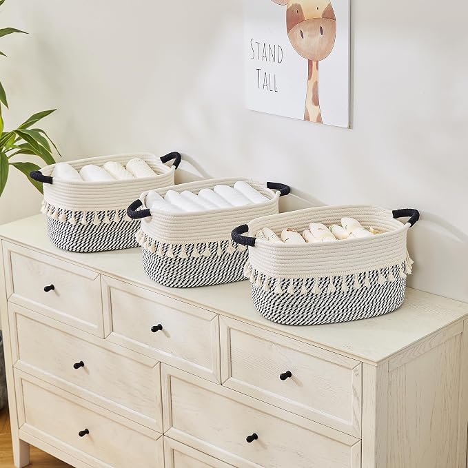 Storage Basket, Woven Baskets for Shelves, White/Black | 3 Pack Boho Cotton Rope Storage Baskets, 14" x 9" x 8", Home Organizer for Nursery, Holds Toys, Books & Towels