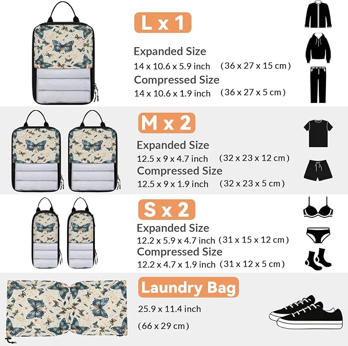 Butterfly Compression Packing Cubes Vintage Floral 6 Set Travel Packing Cubes for Suitcases Lightweight Expandable Organizers