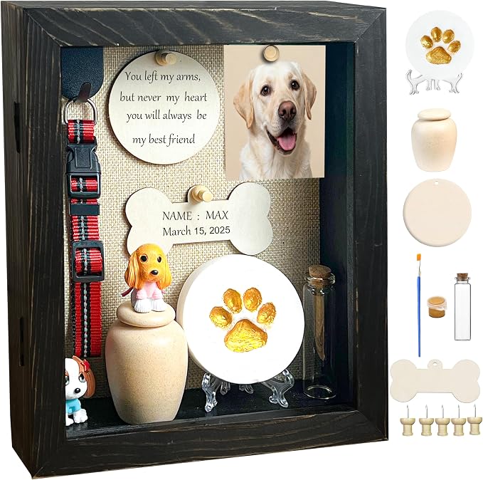 Solid Wood 8x10 Pet Memorial Shadow Box Black Urn Ashes Display Case with Paw Print Kit Dog Memorial Keepsake Gift for Loss of Pet