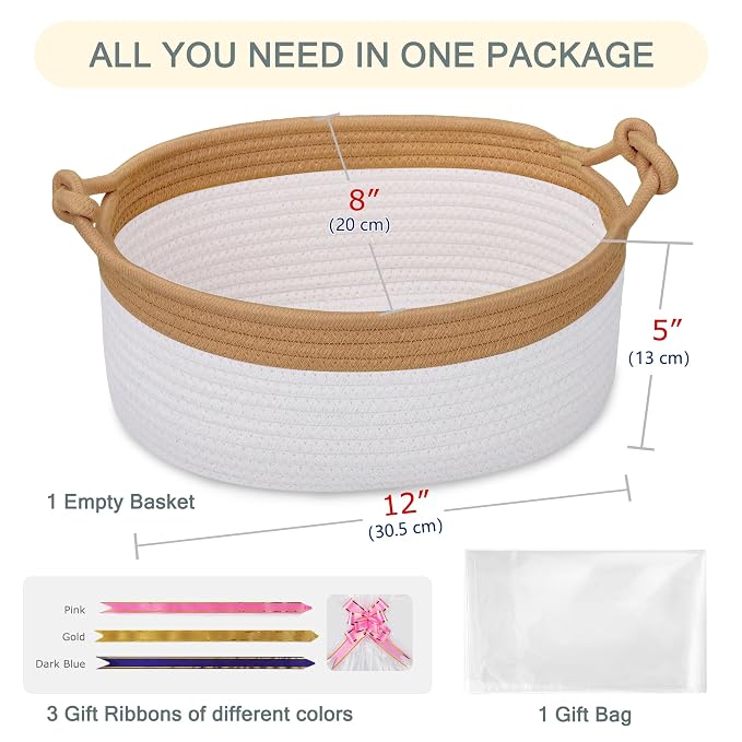 COMSE Small Gift Basket Empty with Bag & Ribbons, Camel & White | Cotton Rope, 12"x 8"x 5", Pet Toy Storage Organizer, Woven Basket for Birthdays, Baby Showers, Mother’s Day, Valentine’s Day
