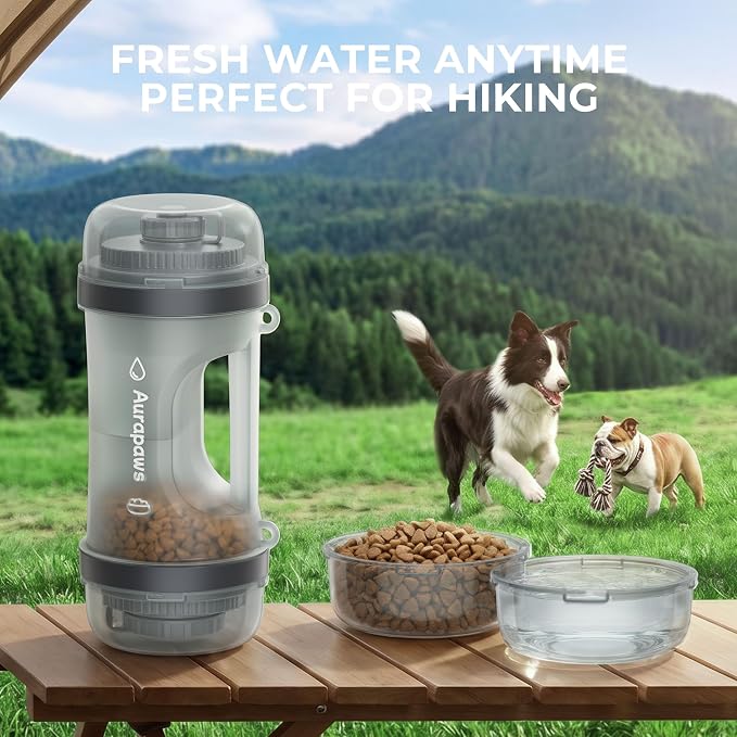 33.5oz Portable Dog Water Bottle for Travel Hydration&Food Feeder | 13.5oz Food Storage, 13.5oz Water Dispenser Bowl, 6.5oz Food Container, Leak-Proof, for All Breeds, Outdoor, Walking, Hiking