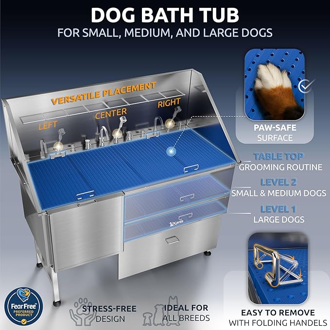 Professional Dog Washing Station 304 Stainless Steel Pet Wash Sink | Grooming Bathtub w/Shower, Floor Grates and Storage for Large, Medium & Small Pets (Silver, 61 Inches, Left Ramp, 1 Drawer)