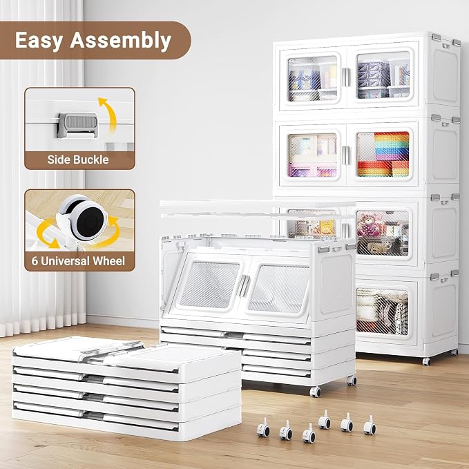 BROVIEW 880 Qt Extra Large Stackable Storage Bin with Lids, 4 Pack White | 220Gal Extra Large, Collapsible Storage Boxes with 4 Lids, Folding& Rolling Plastic Drawer, Heavy-Duty Cabinet Organization