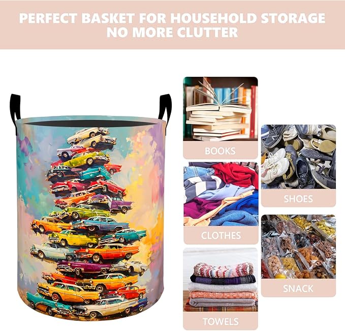 Classic Car Laundry Basket Hamper 19.7"x15.8", Organizer Bins Gifts for Kids Boys Girls, Colorful Classic Cars Foldable Waterproof Oxford Clothes Storage Bucket for Bedroom Bathroom Decor