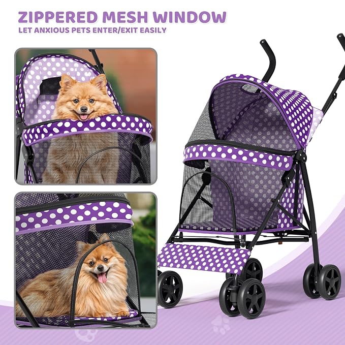 Magshion Compact Fold Pet Travel Stroller for Small Dogs Cats, Purple | Up to 22lbs, 4-Wheel Lightweight Umbrella Shaped Design, Safety Tethers, Breathable Mesh, Cup Holder & Rear Storage