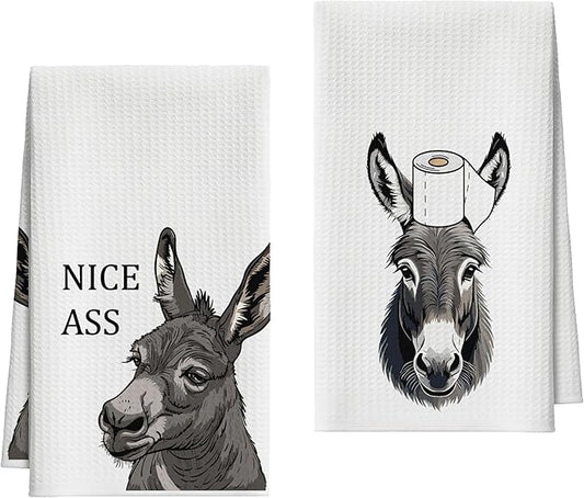 Bath Towels Set of 2, Cute Funny Donkey Dish Towel for Bathroom Spa Kitchen, Nice Ass Decorative Hand Towels, Fast Drying Tea Towel, Farmhouse Housewarming Xmas Gifts for Women Mom -B25