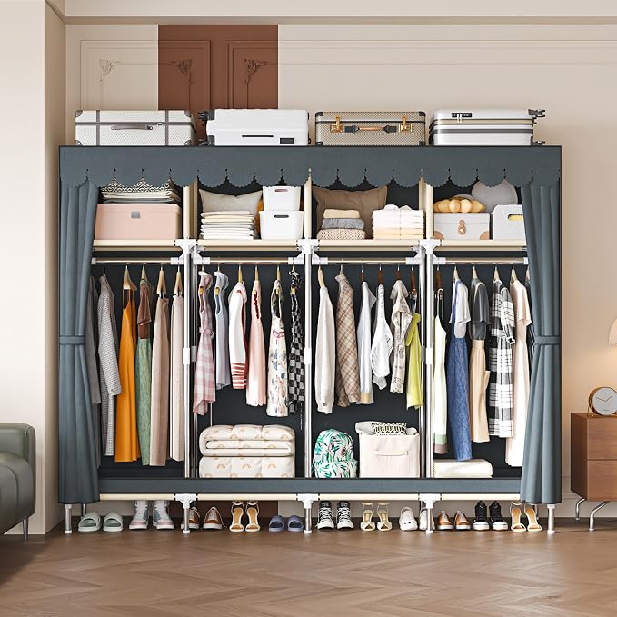 Large Portable Armoire Wardrobe Closet with 4 Hanging Rods and Lockers,Metal Storage Wardrobe Clothes Rack with Dust Cover for Clothes,16.7 in Wide,Bedroom,Gray (Grey, 77.5 in)