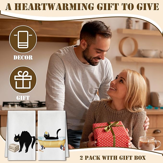 Bath Towels Set of 2, Cute Bathing Black Cat Dish Towel for Bathroom Spa Kitchen, Decorative Hand Towels, Fast Drying Tea Towel, Housewarming Xmas Gifts for Cat Lover Women Mom -B28