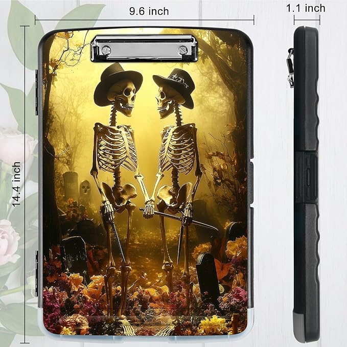 A4 Clipboard with Storage Pen Holder, Clipboards Organizer Nursing Clipboard Foldable File Folder Plastic Clipboard Folio Clip Board for Office Work Classroom Doctor, Forest Skull Leaf