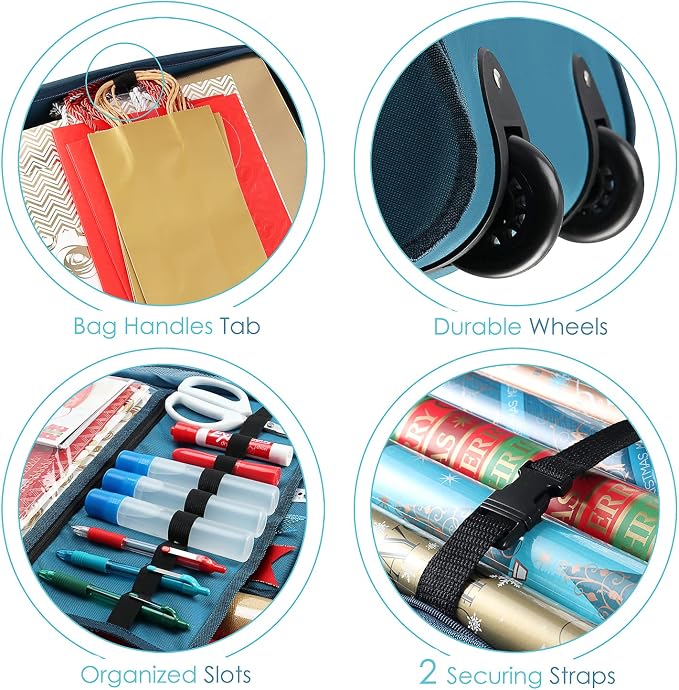 Hearth & Harbor Wrapping Paper Storage Container with Ribbon Dispenser and Interior Pockets - Large Christmas Storage Containers with Wheels, Fits 30 Rolls of 40" Length, Blue