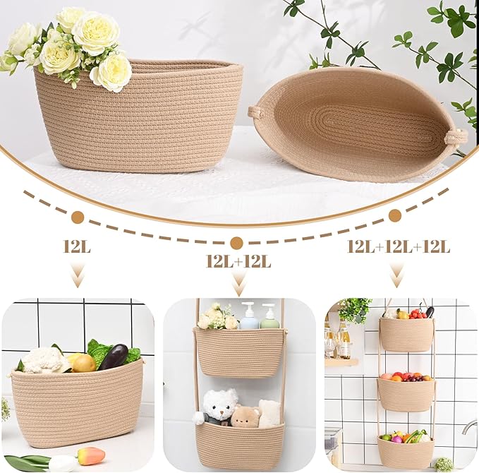 Hanging Basket, 3-Tier Woven Wall Basket with 4 Hooks, Cotton Rope Storage Baskets, Over the Door Organizer for Nursery, Bedroom, Cottage and Boho Wall Decor