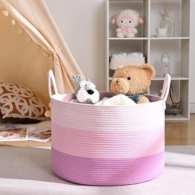 67L Large Woven Blanket Basket, Cotton Rope Baby Laundry Hamper with Handles, Kids Toy Basket for Classroom & Nursery, Soft Round Stuffed Animal Storage, Dog Toy Bin - 20"x13", Pink