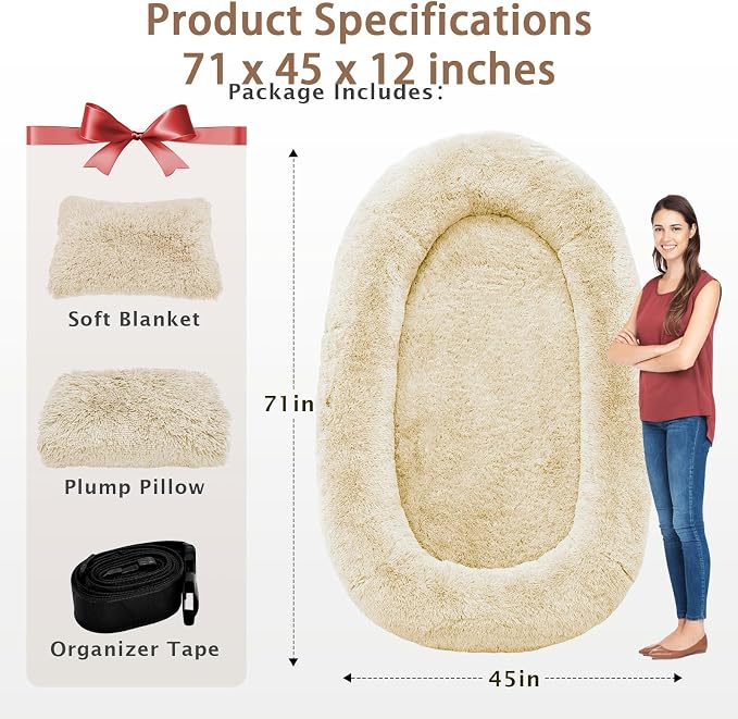 ROOMTEC Human Dog Bed, 71''x45''x12'' Size Fits Adult and Pet Washable Giant People Bed 10 CM Thick Memory Foam Large Oversize Pet Bed with Plump Pillow, Blanket, Strap - Beige