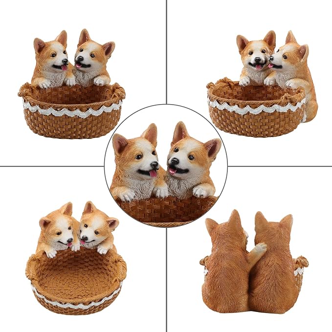 Resin Double Corgi Storage Basket, Decorative Catchall Tray for Keys & Candy, Desk Organizer Bowl for Home Office, Room Decor Accessories