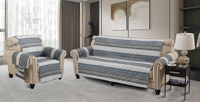 Brilliant Sunshine Multi Grey Stripes Loveseat Cover, 54" seat | Quilted Sofa Cover, Living Room & Bedroom Furniture Protector, Large Washable Love Seat Slipcover for Pets, Dogs & Cats