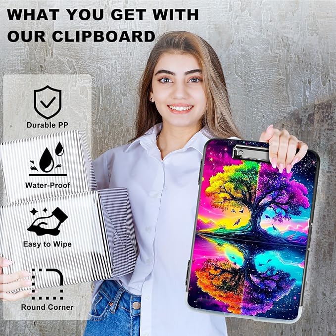 A4 Clipboard with Storage Pen Holder, Clipboards Organizer Nursing Clipboard Foldable File Folder Plastic Clipboard Folio Clip Board for Office Work Classroom Doctor, Purple Green Tree