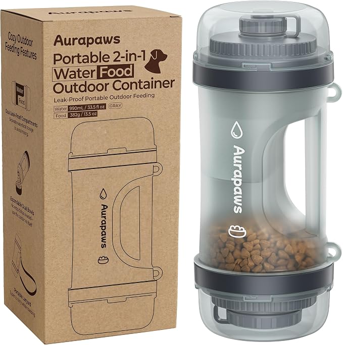 33.5oz Portable Dog Water Bottle for Travel Hydration&Food Feeder | 13.5oz Food Storage, 13.5oz Water Dispenser Bowl, 6.5oz Food Container, Leak-Proof, for All Breeds, Outdoor, Walking, Hiking