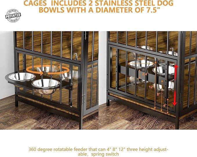 ROOMTEC 41 Inch Dog Crate Furniture, Indoor Kennel End Table | Steel-Tube Frame, Storage Top, Adjustable 360°Rotating Feeder, 2 Stainless Steel Bowls, With Pad, For Medium dog