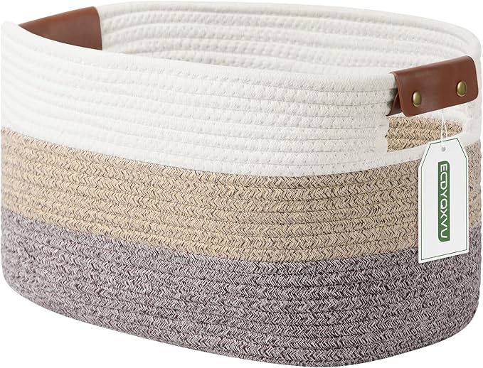 ECDYQXVU 15x10x9 Woven Cotton Rope Storage Basket, Leather Handles 1 Pack | Foldable Design, Sturdy PU Handles, Easy to Clean Organizer for Living Room, Closet, Shelves, Bedroom, Laundry, Clothes