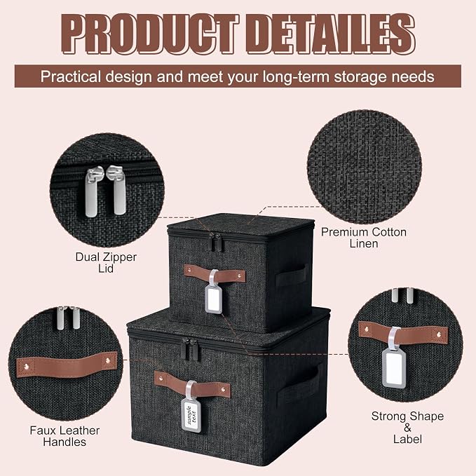 6 Pack Fabric Bins with Lids, 10 x 8 x 7 Inch Fabric Storage Bins with Zipper Lids and Labels, Decorative Foldable Storage Cubes with Handles for Closet Nursery Shelf Organization, Black