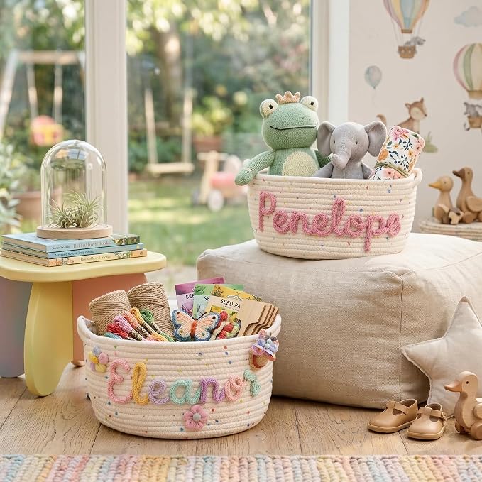 MBBEST Personalized Baby Basket with Name, Cotton Rope Nursery Storage Basket, Custom Baby Shower Basket, Small Diaper Caddy Organizer for Boys & Girls，Cute Girl & Boy Baby Gifts