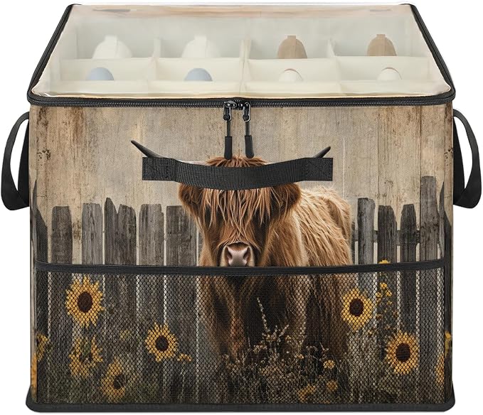 TropicalLife Brown Highland Cow Shoe Organizer for Closet | Farmhouse Country Foldable Shoe Storage Organizer Box Bin with Adjustable Dividers & Clear Cover, Fits up to 16-32 Pairs