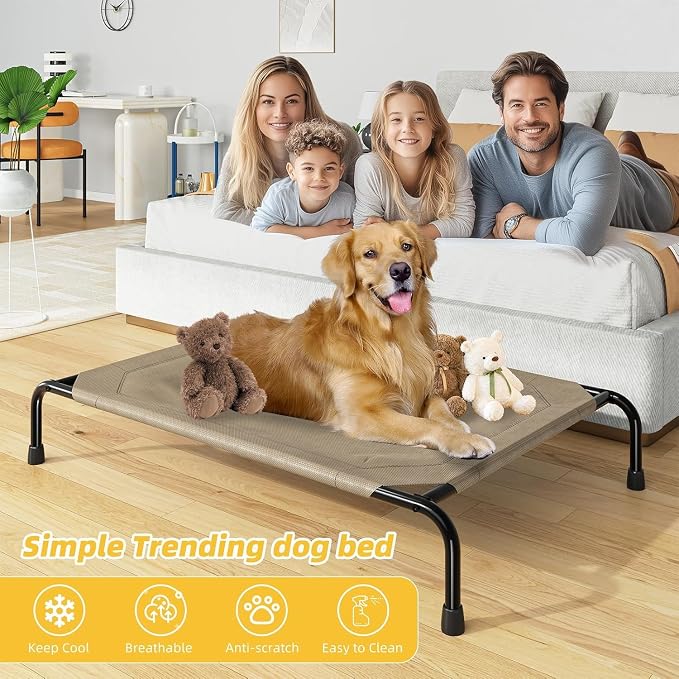 Simple Trending Elevated Dog Bed, Outdoor Raised Dog Cot for Large Dogs | Pet Hammock Bed with Cooling Breathable Mesh, Cooling Bed for Dogs, Anti-Slip Feet, Brown, 47.75inches, Easy to Clean