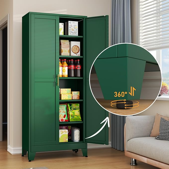 Green Metal Storage Cabinet,75" Steel Cabinets for Home Office | Kitchen Pantry Storage Cabinet with Doors and 5 Adjustable Shelves, Tool Cabinets, for Office, Home, Garage, School